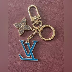 Bag Charm Keychain Gold & Blue Charm with Brown Flower Charm  Detail